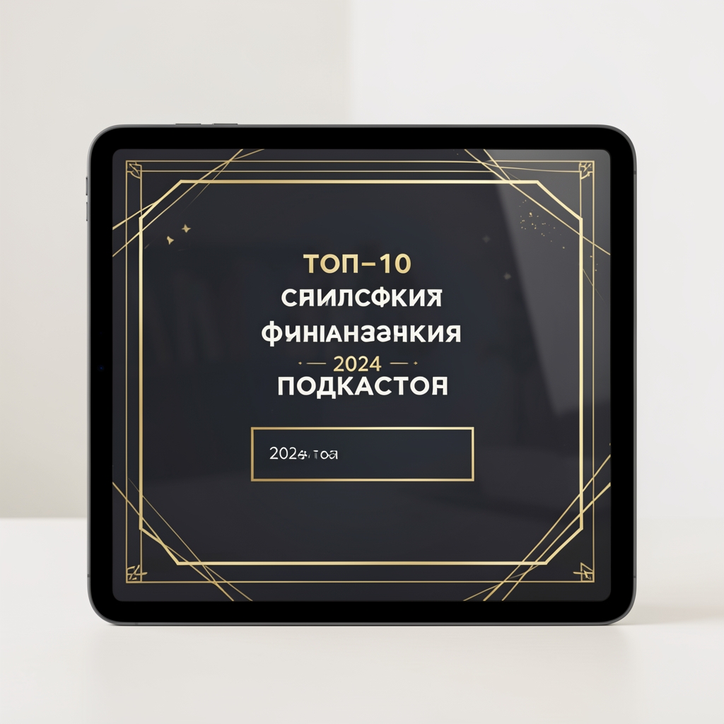 Топ-10 список финансовых подкастов 2024 года, стильное оформление рейтинга на экране планшета с золотыми акцентами