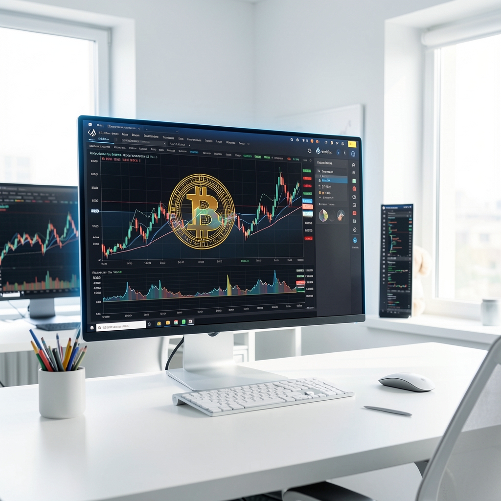 Крупный план экрана с графиком Bitcoin и Ethereum на фоне торгового терминала, синяя подсветка